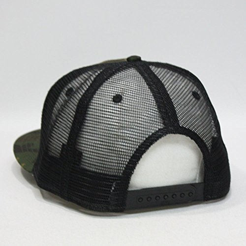 Plain Cotton Twill Flat Brim Mesh Adjustable Snapback Trucker Baseball Cap - color: Camo/Camo/Black