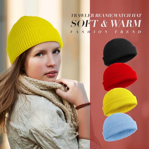 SATINIOR 4 Pieces Trawler Beanie Watch Hat Roll up Edge Skullcap Fisherman Beanie Unisex - color: Black, Red, Yellow, Light Blue, size: One Size