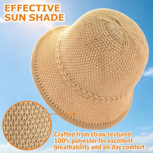 Women's Crochet Bucket Hat, Lightweight Packable Faux Straw Sun Hat - color: Khaki