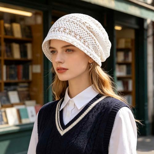 Women's Sparkly Lace Beanie Hat for Women, Lightweight Breathable Knit Skull Cap,Fashion Slouchy Beanie - color: White 001