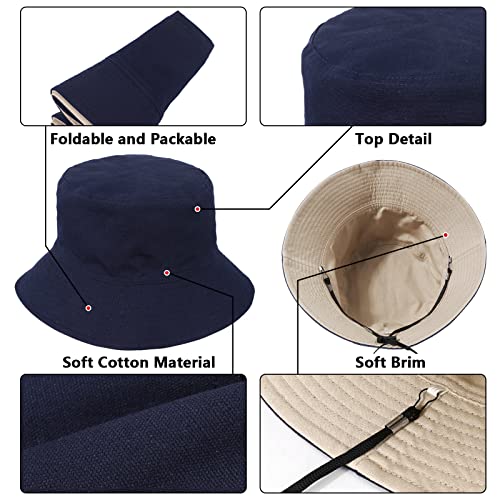 XXL Oversize Bucket Hat, Reversible Cotton Fisherman Hats, Unisex Double Side Wear Bucket Sun Hats with Chin Strap - color: Navy Blue-beige, size: X-Large