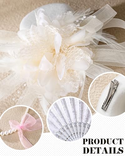 Zinniday Girls Tea Party Hats Set - 5 Pcs Mini Top Hat with Pearl Necklace Bracelet Hand Fan and Lace Gloves for Party - color: White
