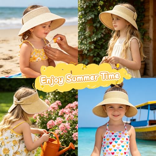 Girls Sun Visor Hat with Ponytail Hole Wide Brim Beach Straw Visor UPF 50+ - color: 1pack-beige