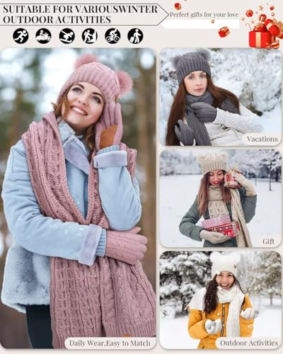 Winter Hat Scarf Glove Set for Women, Warm Fleece Lined Womens Beanie Hat with Double Pom Pom, Gloves with Touchscreen Fingers, Knit Scarf Neck Warmer for Cold Weather-Grey