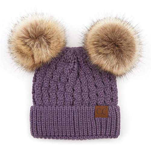 C.C Hatsandscarf Exclusives Cable Knit Double Pom Winter Beanie (HAT-2055)(HAT-23) - color: Violet-natural Pom