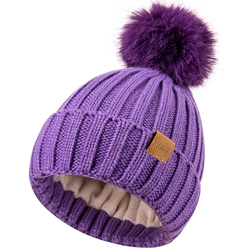 Womens Winter Beanie Hat Fleece Lined Warm Skull Cap with Faux Fur Pom Cuff Knitted Hat for Women - color: Light Purple