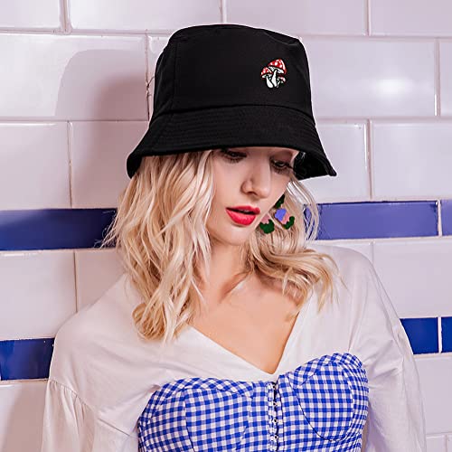 XYIYI Fashion Embroidery Bucket Hat Cotton Beach Fisherman Hats for Women Girls - color: Mushroom Black