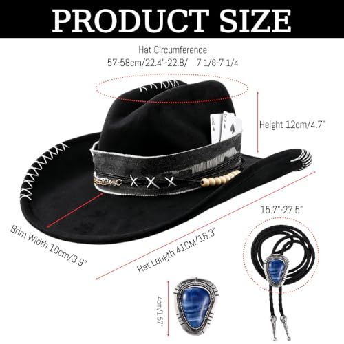 Black Cowboy Hat for Men Women Felt Western Hat with Blue Stone Necklace