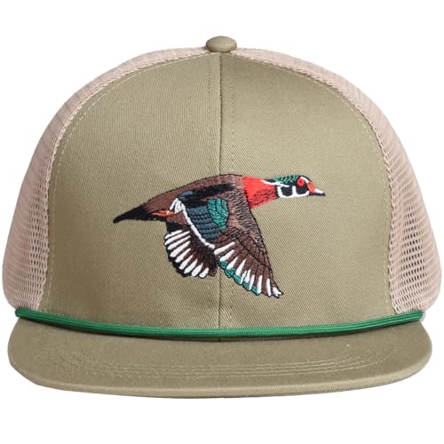 EDTREK Outdoorsman Pro Trucker Breathable Mesh Performance Cap - Flat Brim Snapback Hat - color: Wood Duck With Rope Olive