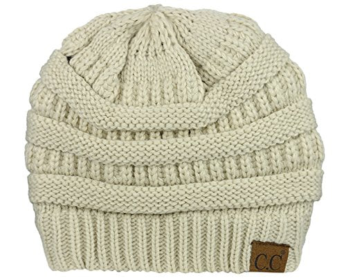 C.C Unisex Chunky Soft Stretch Cable Knit Warm Fuzzy Lined Skully Beanie - color: Beige