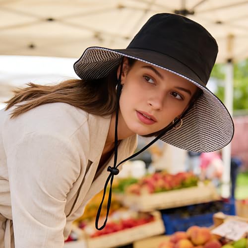 Sun Hats for Women Wide Brim Foldable Beach Hat UV UPF50+ Summer Sun Protection Bucket Hat for Outdoor, Gardening, Travel - color: Black