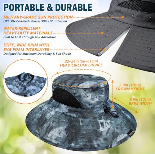 Wide Brim Sun Bucket Hat, Waterproof Boonie Hat for Men & Women - color: 05 Navy Blue (Camo)