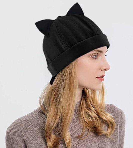 XYIYI Women Cat Ears Hat Cute Docker Cap Brimless Skullcap Sailor Cap Rolled Cuff Retro Beanie Hat - color: Black