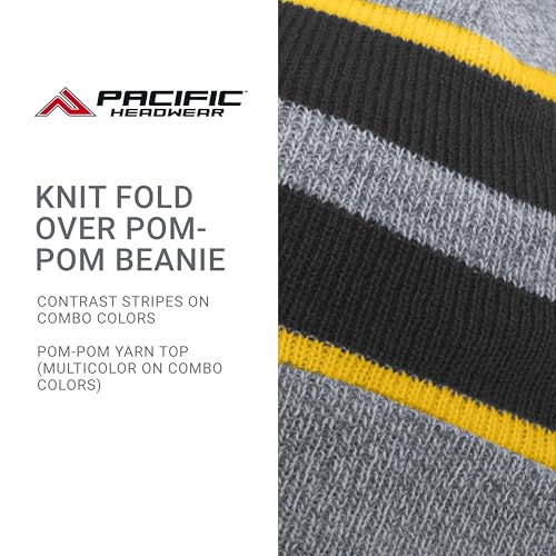 Pacific Headwear Unisex Adult Pacific Headwear Knit Fold Over Pom-pom Beanie - color: Heather/Black/Gold, size: One Size