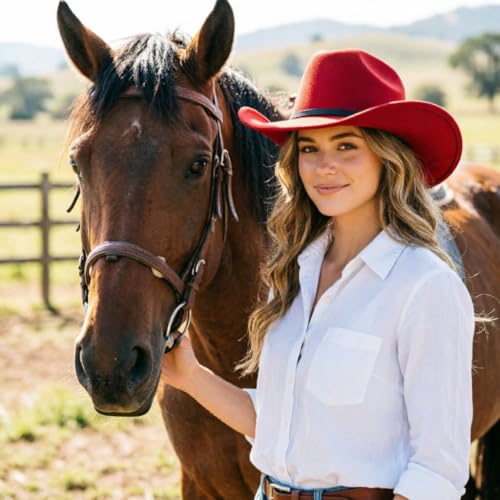 DRESHOW Western Cowboy Hat for Women Men Wide Brim Felt Fedora Cowgirl Hats - color: Bright Red, size: Large
