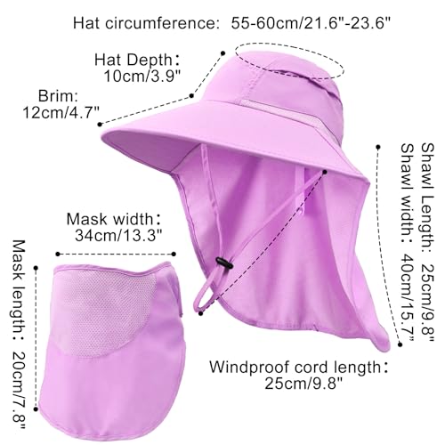 Sun Hats for Men Women Detachable Face Cover Wide Brim Fishing Hats with Neck Flap UPF 50+ Outdoor Safari Hats - color: Purple