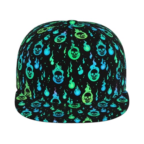 Skull Snapback Hat for Men Women, Stylish Flat Bill Hat Baseball Caps Adjustable Flat Brim Hip Hop Trucker Hats Sun Cap - color: Skulls in Bright Flames 6