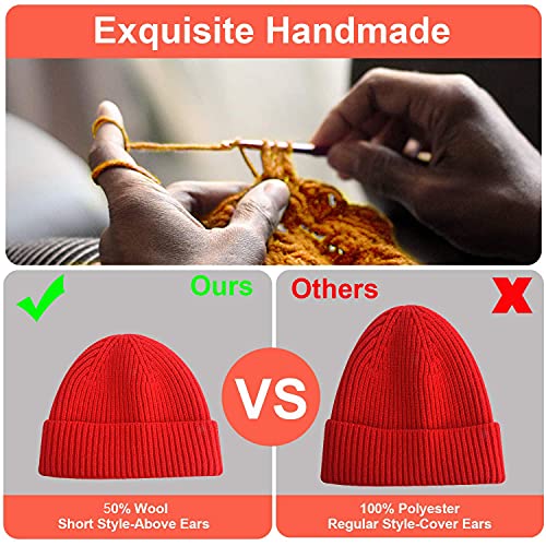 vidsel Wool Knit Cuff Short Fisherman Beanie for Men Women, Winter Warm Hat - color: Red