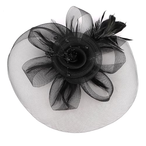Womens Fascinators Mesh Hats Tea Party Hats for Women Feather Veil Headband - color: Black