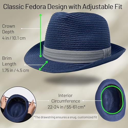 Funky Junque Packable Straw Fedora, Mens Panama Trilby Hat - color: Navy Blue, size: Small-Medium