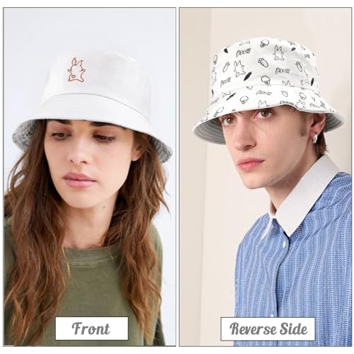 Unisex Bucket Hat Beach Sun Hat Fishing Hat for Men Women Teens, Reversible Double-Side-Wear - color: Rabbit White