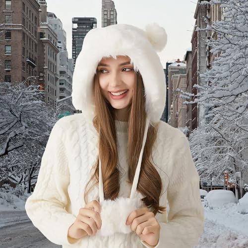 HUAMULAN Women Winter Sherpa Knit Beanie Hats with Pom Poms Ear Flaps - color: M2754-naibai