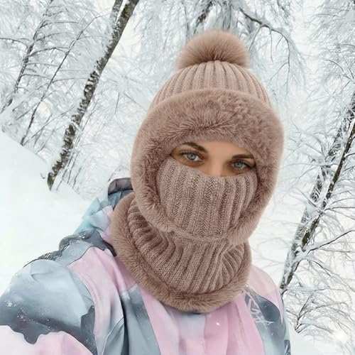 AQOKKA 3 in 1 Knit Fleece Lined Beanie Hat with Scarf and Mask Warm - color: Khaki