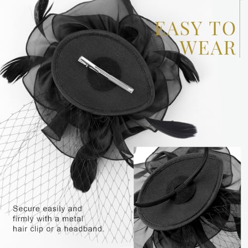 DRESHOW Fascinators Hat Feather Headband Women's Fascinators Tea Party Headwear with Clip Flower Head Band for Girls & Women - color: 8.2" Veil / Audrey Black