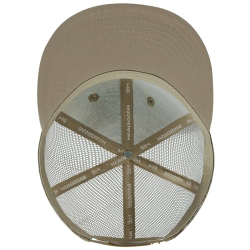BASSDASH Flat Brim Trucker Cap Adjustable Snapback Hat Mesh Back for Men Women - color: Khaki Camping