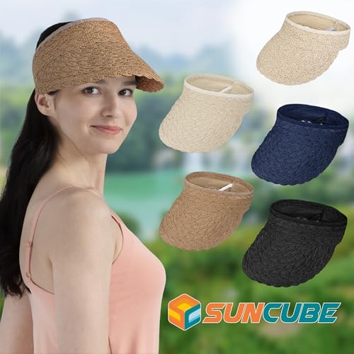 SUN CUBE Women Sun Visor Hat, Straw Beach Hat Wide Brim UV Protection, Foldable Packable Cap, Roll Up Ponytail Summer Visor - color: Beige