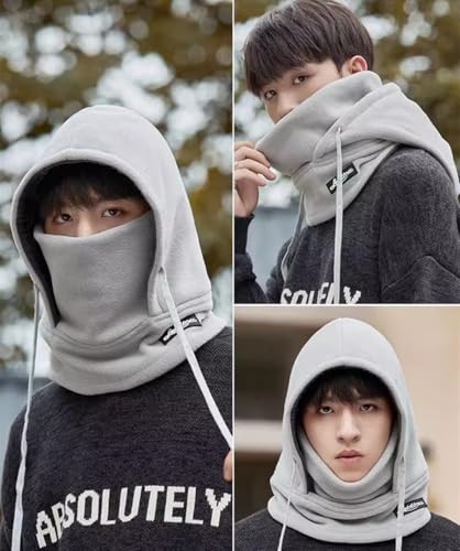 Winter Fleece Ski Mask for Men Women Balaclava Face Mask Windproof Thermal Hood Winter Full Face Neck Cover Warmer - color: Light Grey White Logo