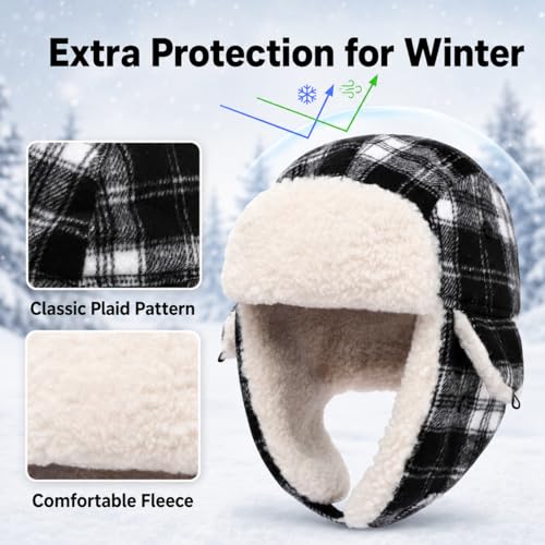 Kids Winter Trapper Hat Toddler Outdoor Warm Windproof Ushanka Aviator Hat Sherpa Fleece Lined Ski Cap for Boys Girls 1T-8T - color: Black & White Plaid, size: 1-4T