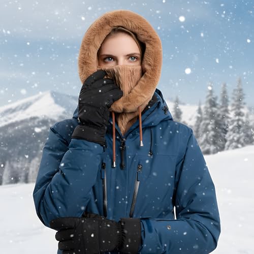 HUAMULAN Women Cable Knit Balaclavas Winter Fleece Lined Beanie Hat - color: Brown