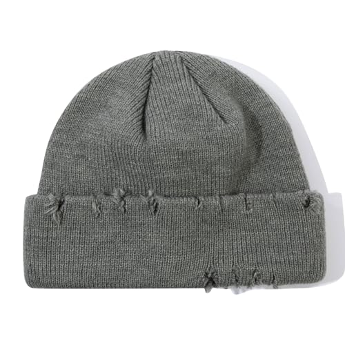 Frayed Knit Hat Winter Beanie for Men Women Hip-hop Slouchy Ripped Knitted Hat Unisex Skull Caps Ski Hat Watch Caps - color: Mg-zzm24pd38-grey