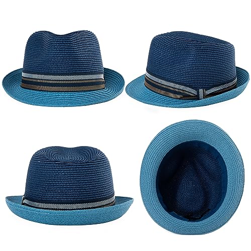Comhats Oversize XXL Men Summer Straw Fedora Sun Hat Panama Derby Packable - color: 94587_blue, size: Large