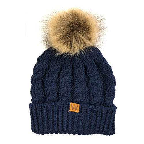 allydrew Winter Warm Soft Knit Beanie with Pom Pom - color: Mommy & Me Dark Blue Beanie
