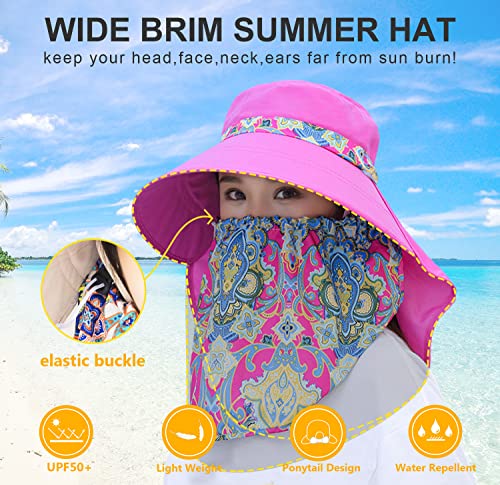 Women Wide Brim Face Mask Sun Hat Detachable Neck Face Flap Ponytail UV Protection Visor Hat Garden Fishing Hiking - color: M9099-hot-pink