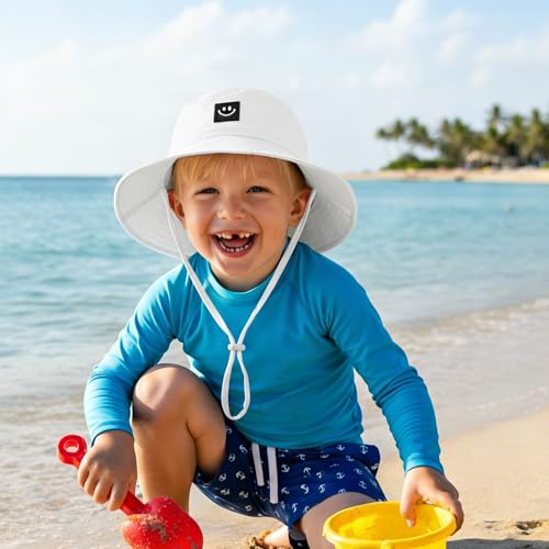 Kids Sun Hat Smile Face Bucket Hat Toddler Hat Wide Brim Adjustable Strap - color: White, size: 6-36 Months