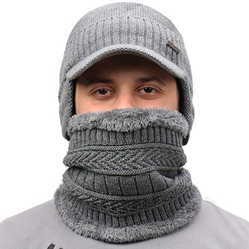 Winter Beanie w/Visor & Earflaps for Men Outdoor Fleece Hat Scarf Set - color: Beanie+scarf Gray