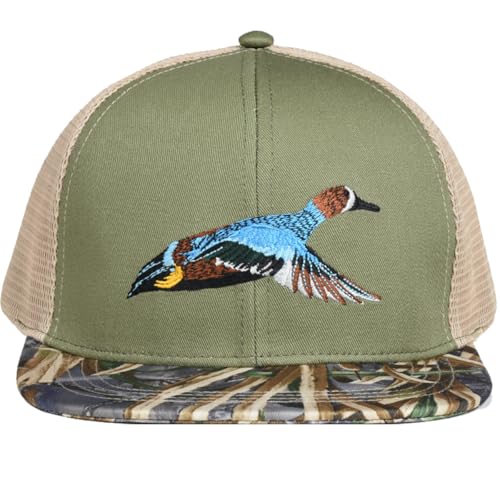 EDTREK Outdoorsman Pro Trucker Breathable Mesh Performance Cap - Flat Brim Snapback Hat - color: Blue Winged Teal - Olive Marsh Camo