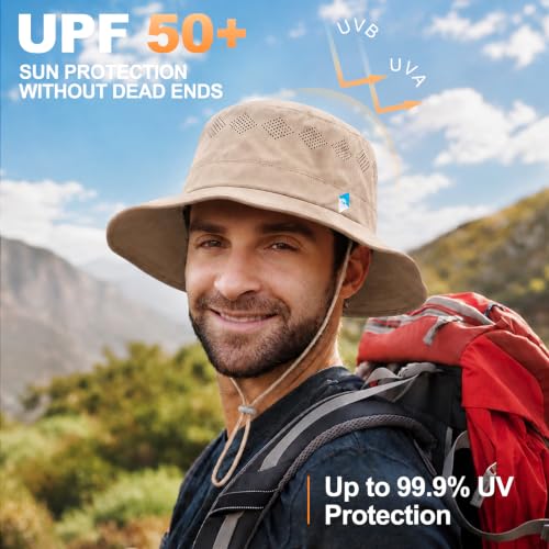 Seektop UPF 50+ Sun Hat for Men Women, Adjustable Wide Brim Fishingt Hat - color: Khaki