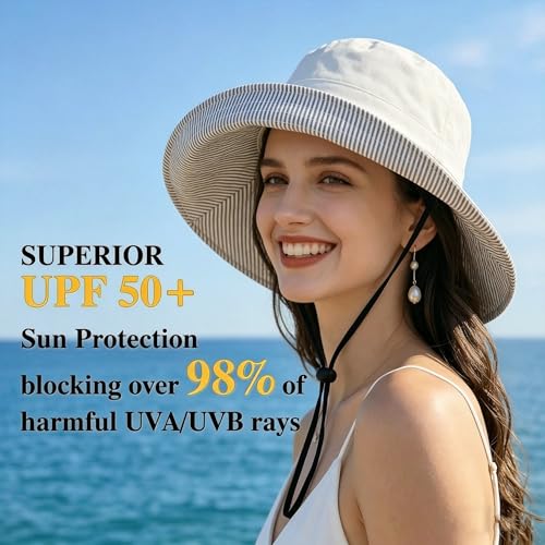 Womens Foldable Shapeable Brim Sun Hat UPF 50+ Cotton Wide Brim Beach Adjustable Chin Strap Hat Sun Protection Cap - color: Z-grey