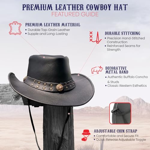 Equine Care Leather Cowboy Hat for Men & Women, Genuine Leather Western - color: Matte Black, size: 7 1/4-7 3/8