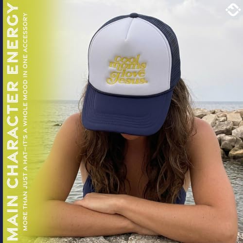 Funky Junque Premium Mesh Snapback Trucker Hat - Stylish Comfort for All - Patriotic, Humor & More - color: Cool Moms Love Jesus - White/Navy