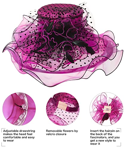 Z&X Women Organza Church Derby Hat Wide Brim Sun Hats for Wedding Tea Party Fascinator Hat, Dual-use - color: 031 Rose Red