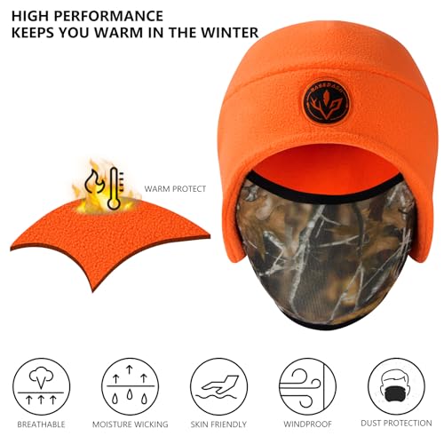 BASSDASH Unisex Soft Fleece 2-in-1 Hat with Mask Ear Flap - color: Orange & Autumn Forest