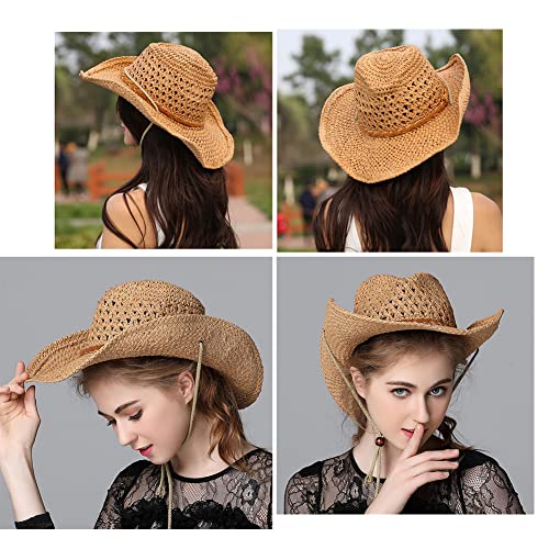 Straw Cowboy Hat Wide Brim Sun Hat Cowgirl Summer Panama Hat with Chin Strap Men Women Sombrero Outdoor Family Hat - color: Khaki, size: One Size