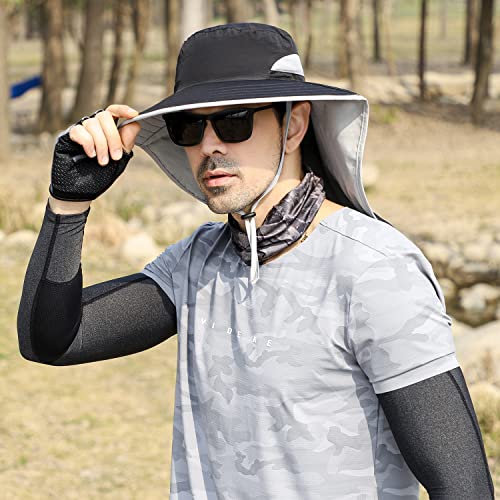HUAMULAN Women Men Wide Brim Sun Hat Hiking Fishing Hats with Neck Flap - color: Hyp011-black