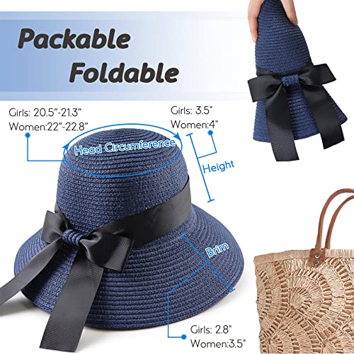 Zsedrut Women,Little Girls Straw Sun Hat Summer Beach Cap Foldable Visor Floppy Hats Wide Brim with Bowknot - color: Navy, size: One Size