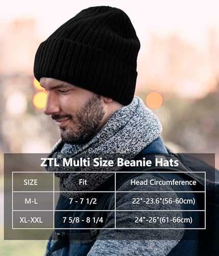 ZTL M/L/XL/XXL Merino Wool Beanie for Men Women, Fleece Lined Large Winter Hat, Big Knitted Cuffed Beanie Ski Skull Cap - color: Black, size: Medium-Large